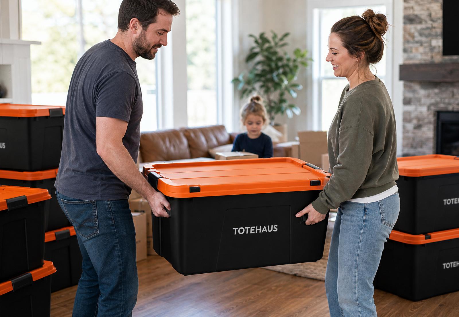 Family carrying a branded TOTEHAUS moving tote at home