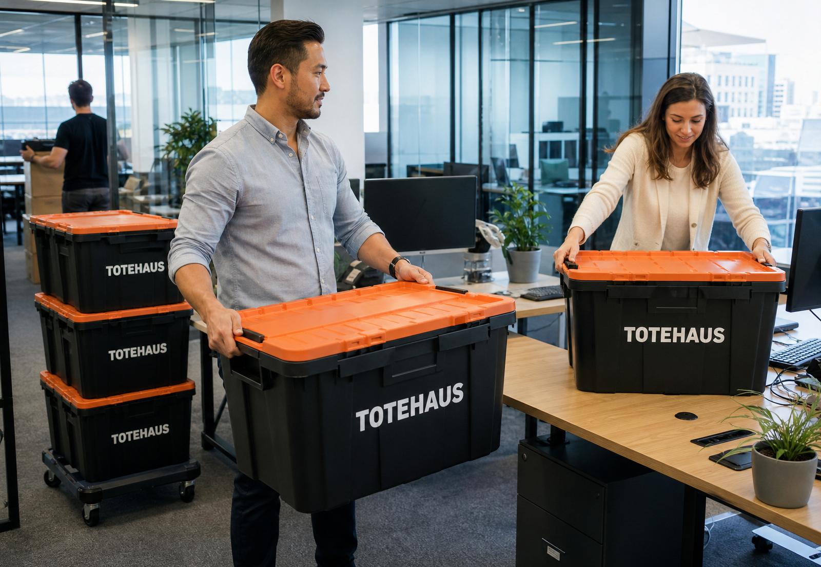 Office team lifting branded TOTEHAUS totes at their desks