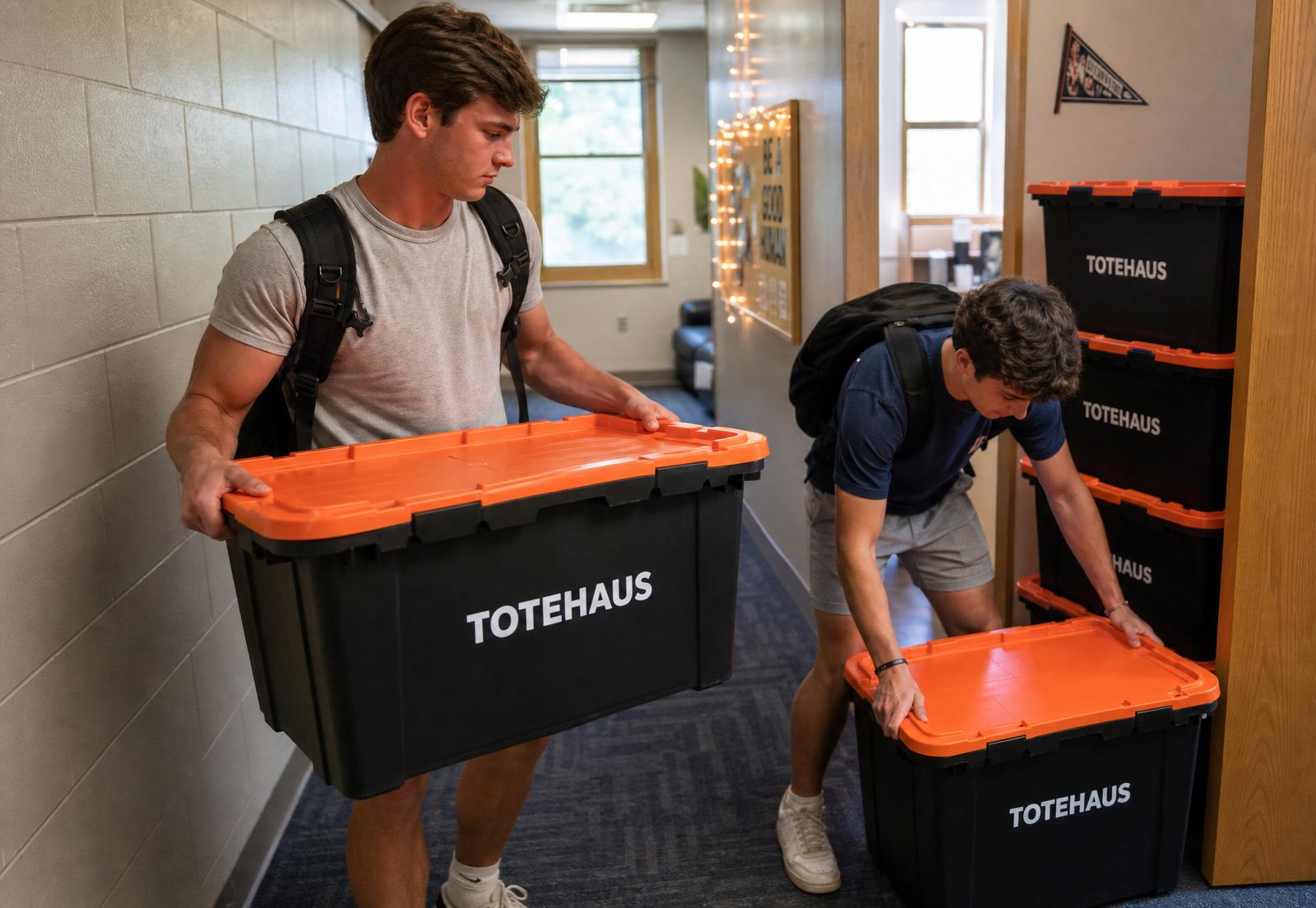 Students moving branded TOTEHAUS totes into a dorm
